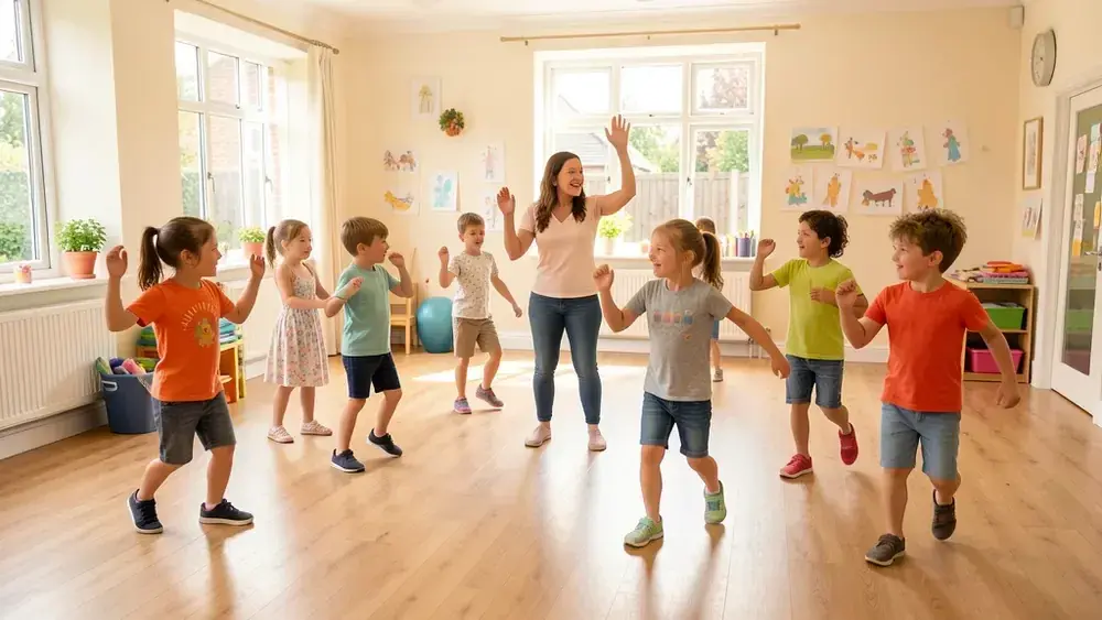 Children taking part in a Hertfordshire summer dance club warm-up